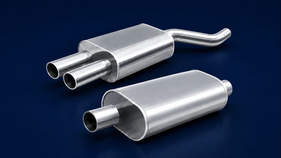Automotive mufflers and exhaust pipes representing muffler and exhaust repair.