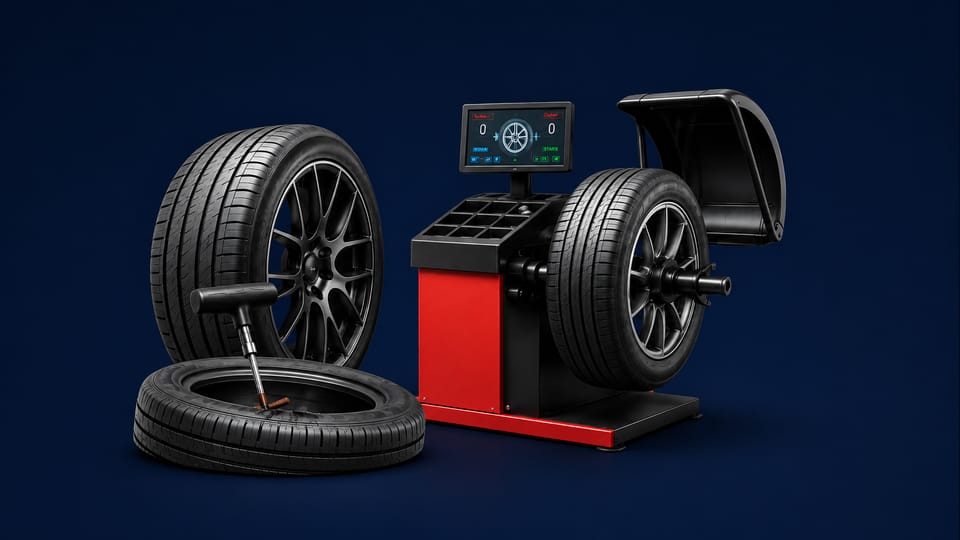 Tires and wheel-balancing equipment representing tire repair, rotation and balancing.